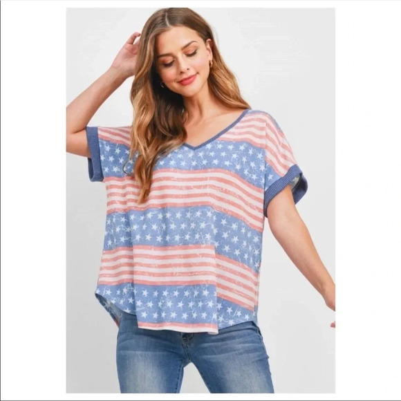 USA Flag Graphic Tee | Red White Blue V-Neck Patriotic 4th of July Top - Picture 6 of 8